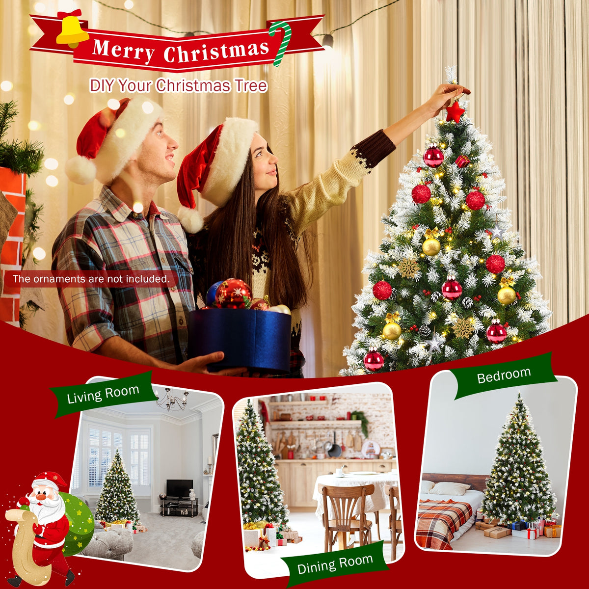 6 Ft Pre-lit Snow Flocked Christmas Tree with Red Berries & 8 Lighting Modes