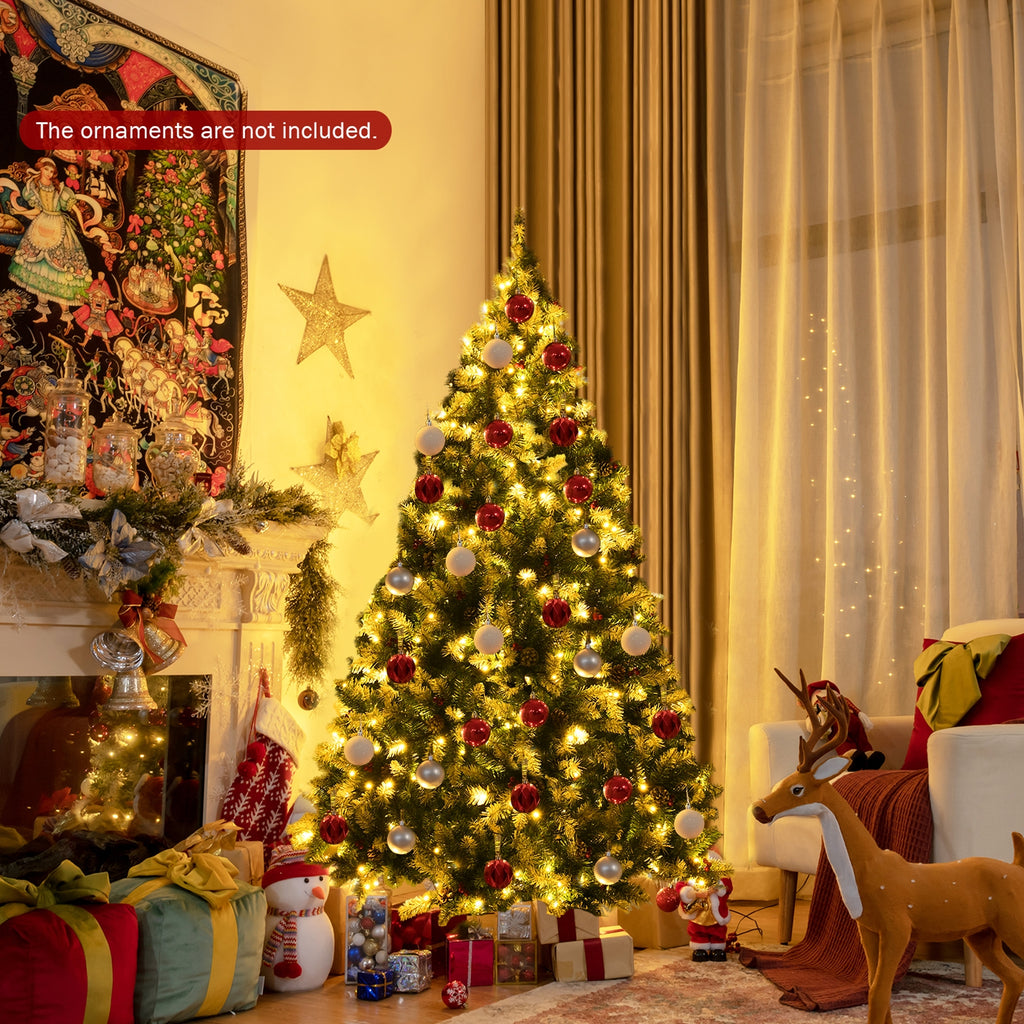 6 Ft Pre-lit Snow Flocked Christmas Tree with Red Berries & 8 Lighting Modes
