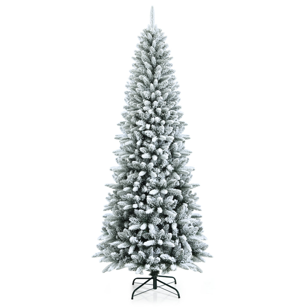 7.5 ft Snow-Flocked Christmas Pencil Tree with Lush Tips and Metal Stand