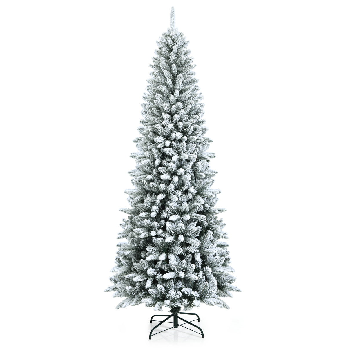7.5 ft Snow-Flocked Christmas Pencil Tree with Lush Tips and Metal Stand