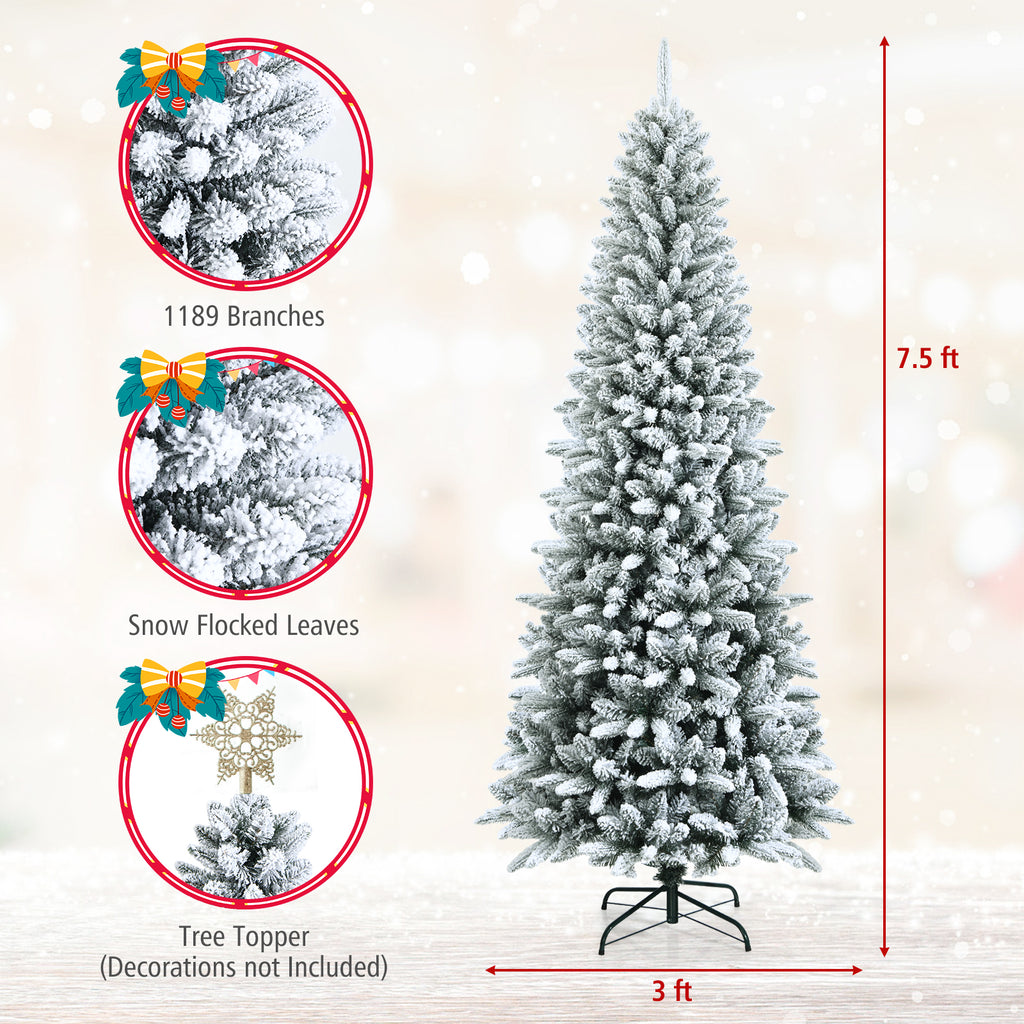 7.5 ft Snow-Flocked Christmas Pencil Tree with Lush Tips and Metal Stand