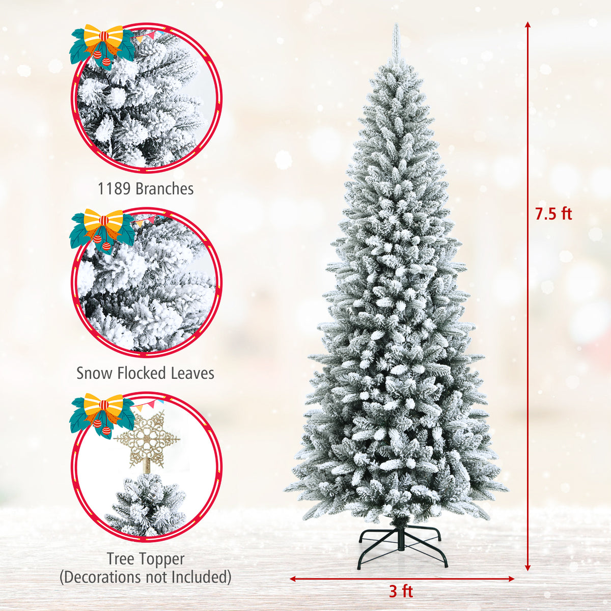 7.5 ft Snow-Flocked Christmas Pencil Tree with Lush Tips and Metal Stand