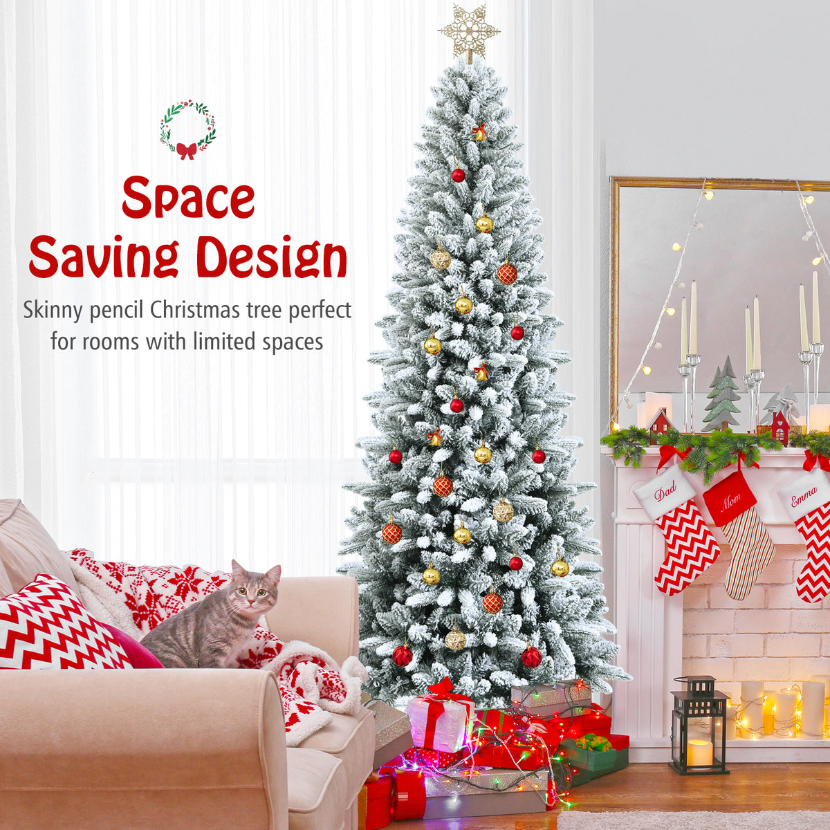 7.5 ft Snow-Flocked Christmas Pencil Tree with Lush Tips and Metal Stand