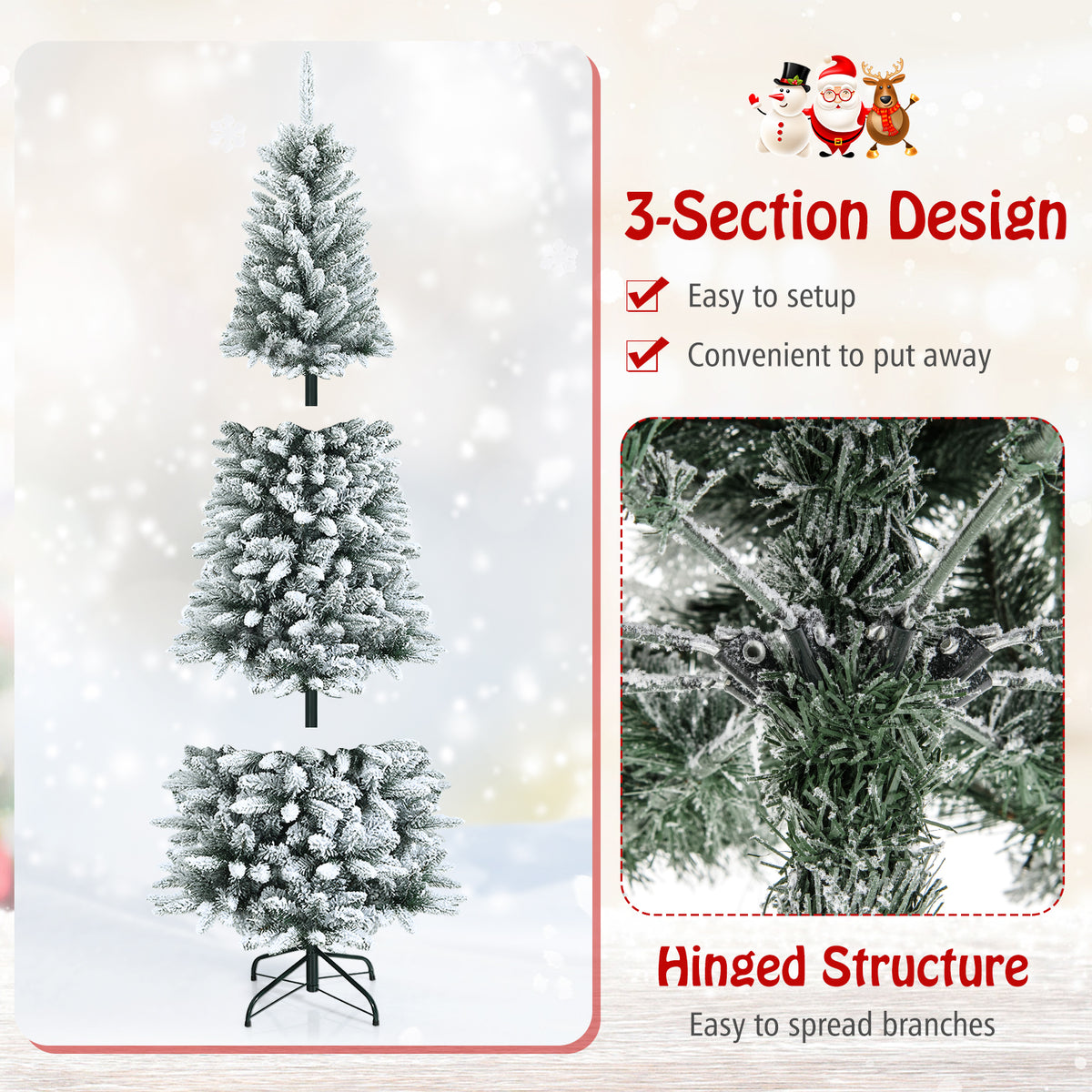 7.5 ft Snow-Flocked Christmas Pencil Tree with Lush Tips and Metal Stand