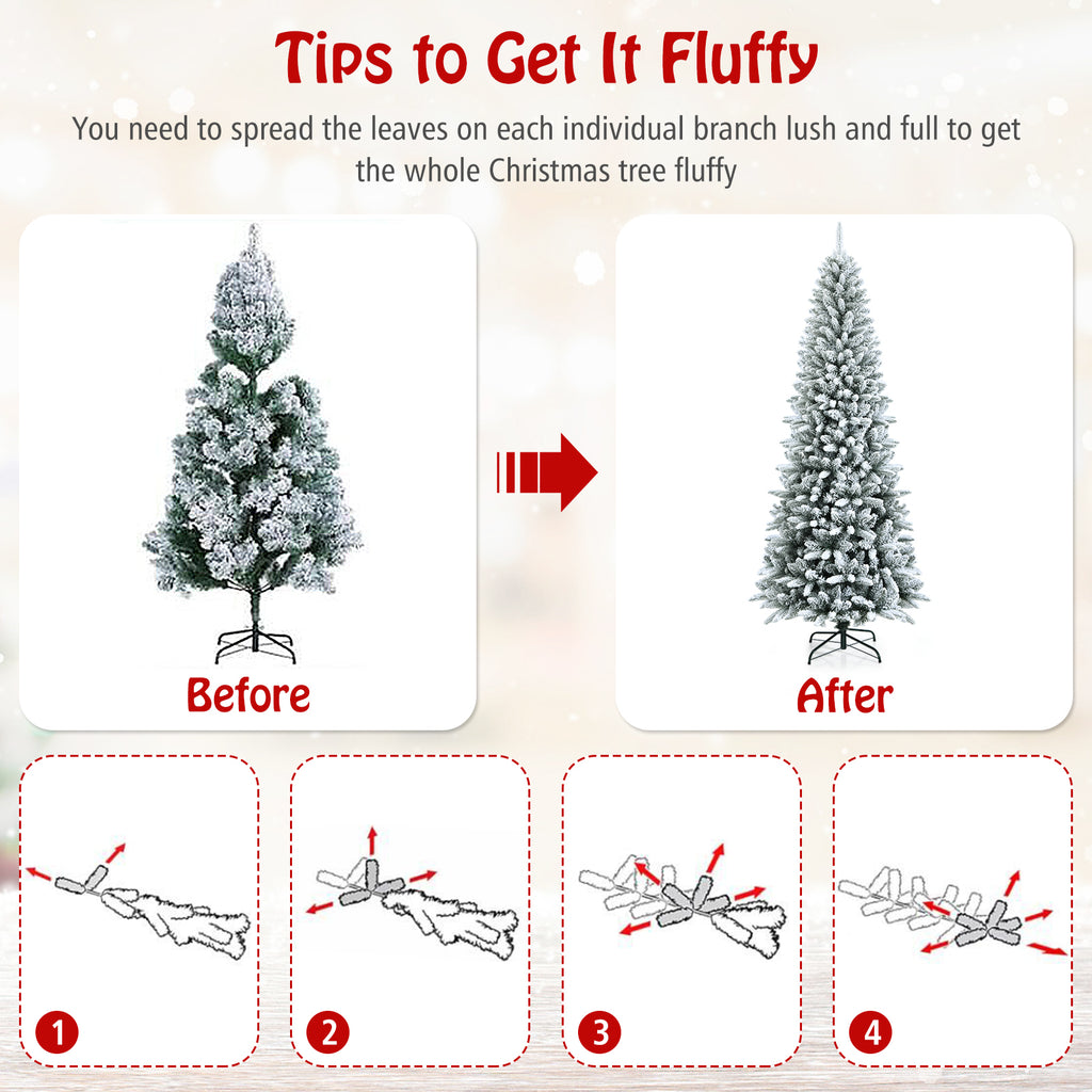 7.5 ft Snow-Flocked Christmas Pencil Tree with Lush Tips and Metal Stand