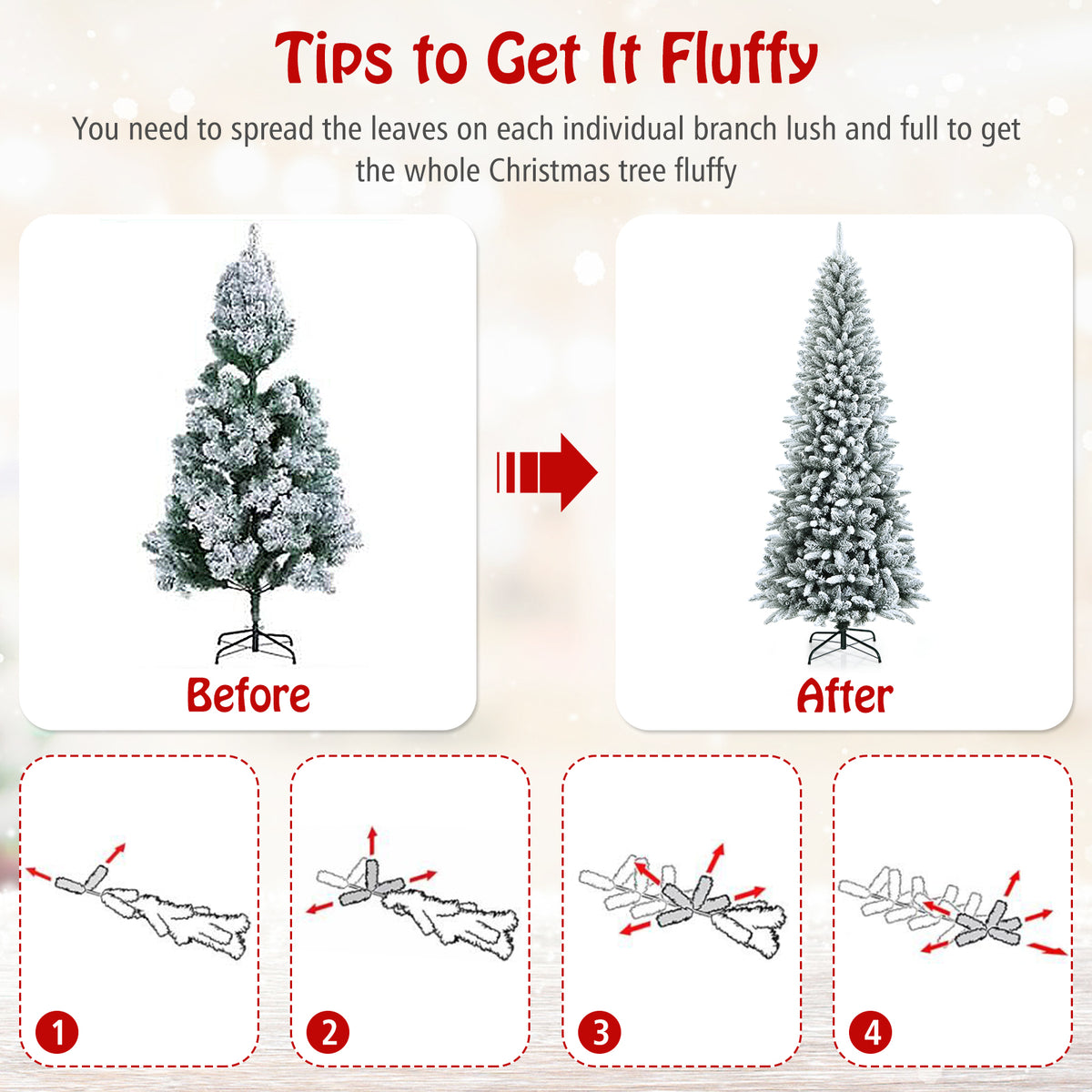 7.5 ft Snow-Flocked Christmas Pencil Tree with Lush Tips and Metal Stand