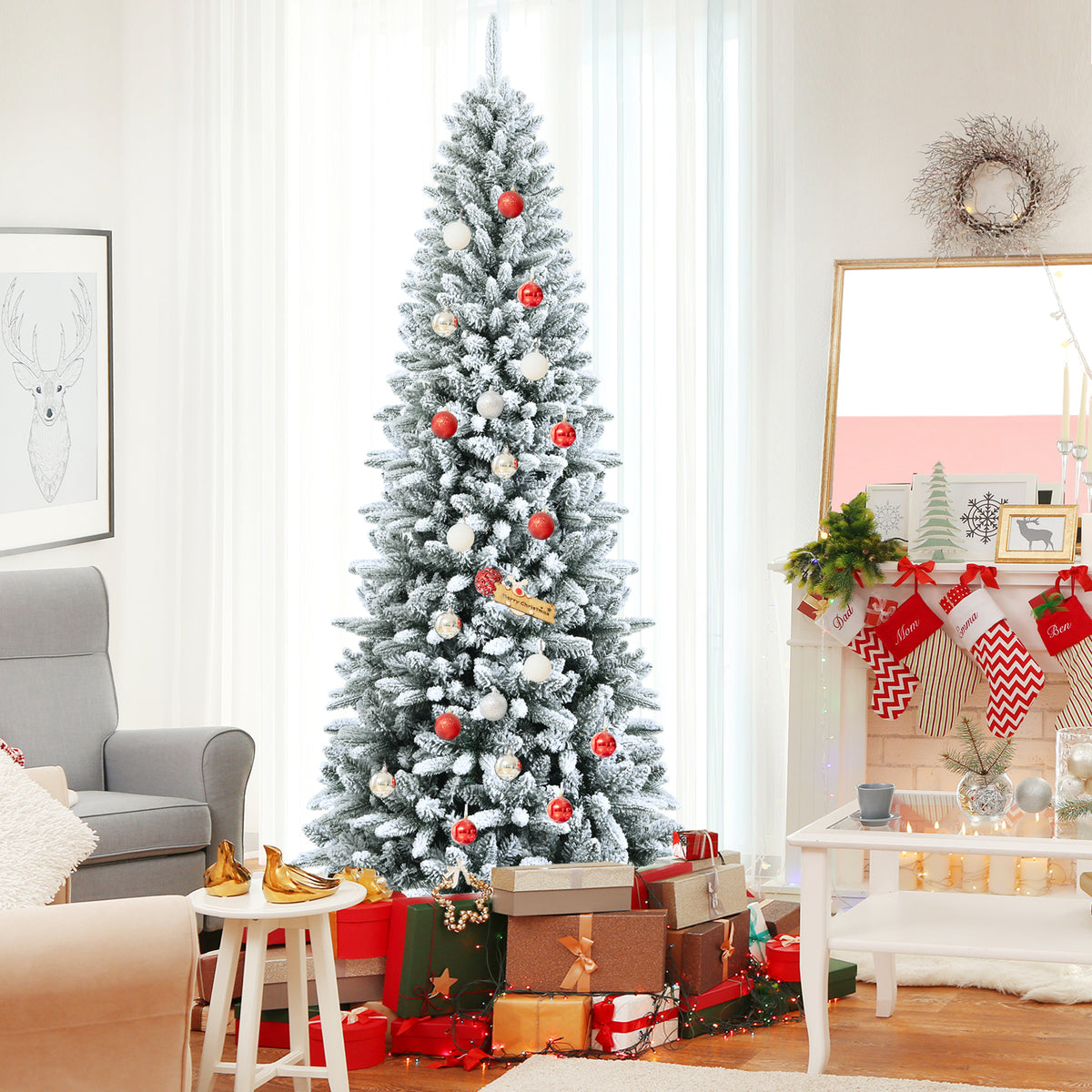 7.5 ft Snow-Flocked Christmas Pencil Tree with Lush Tips and Metal Stand