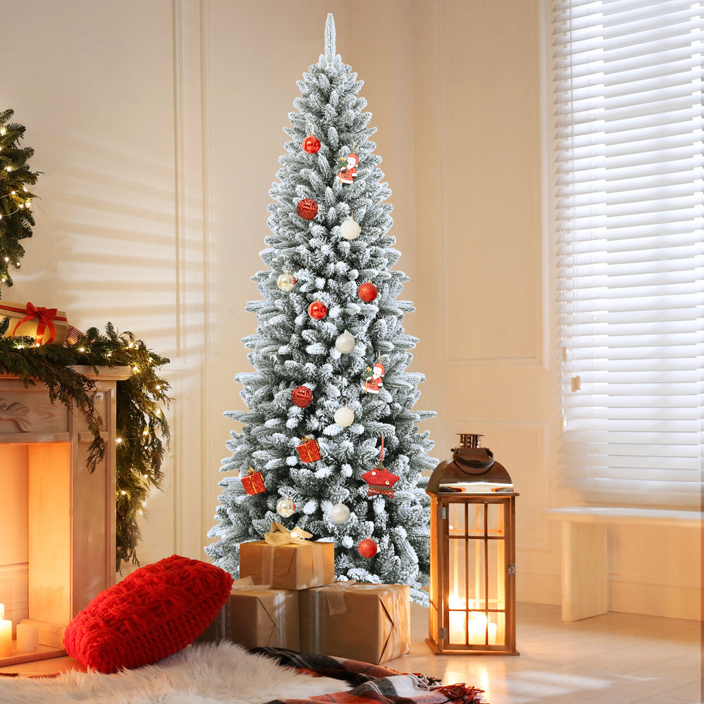 7.5 ft Snow-Flocked Christmas Pencil Tree with Lush Tips and Metal Stand