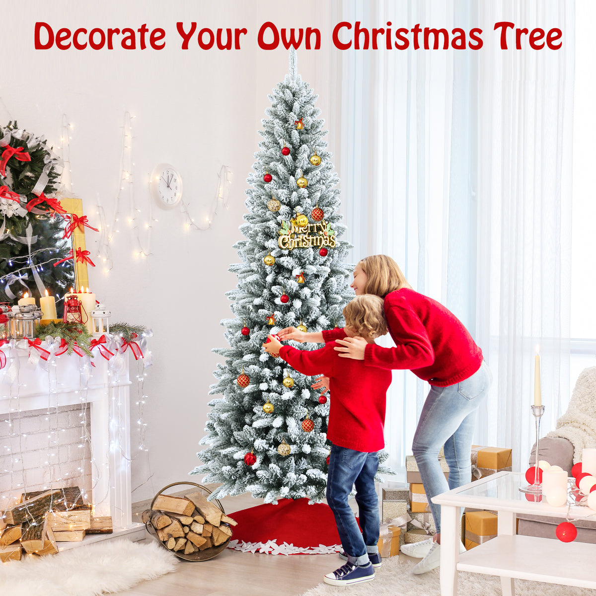 7.5 ft Snow-Flocked Christmas Pencil Tree with Lush Tips and Metal Stand