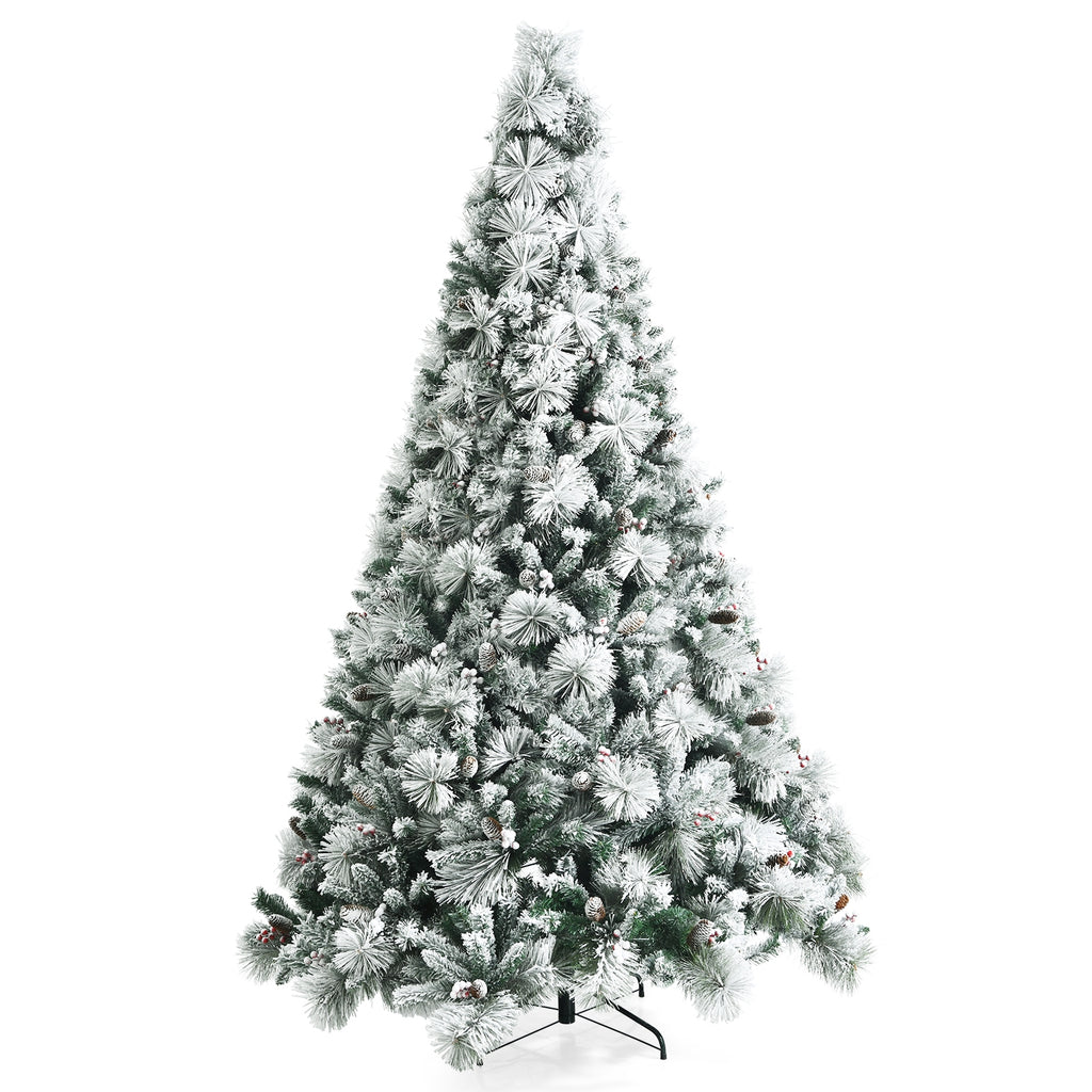 8 Feet Snow Flocked Artificial Christmas Tree with Pine Cones & Red Berries