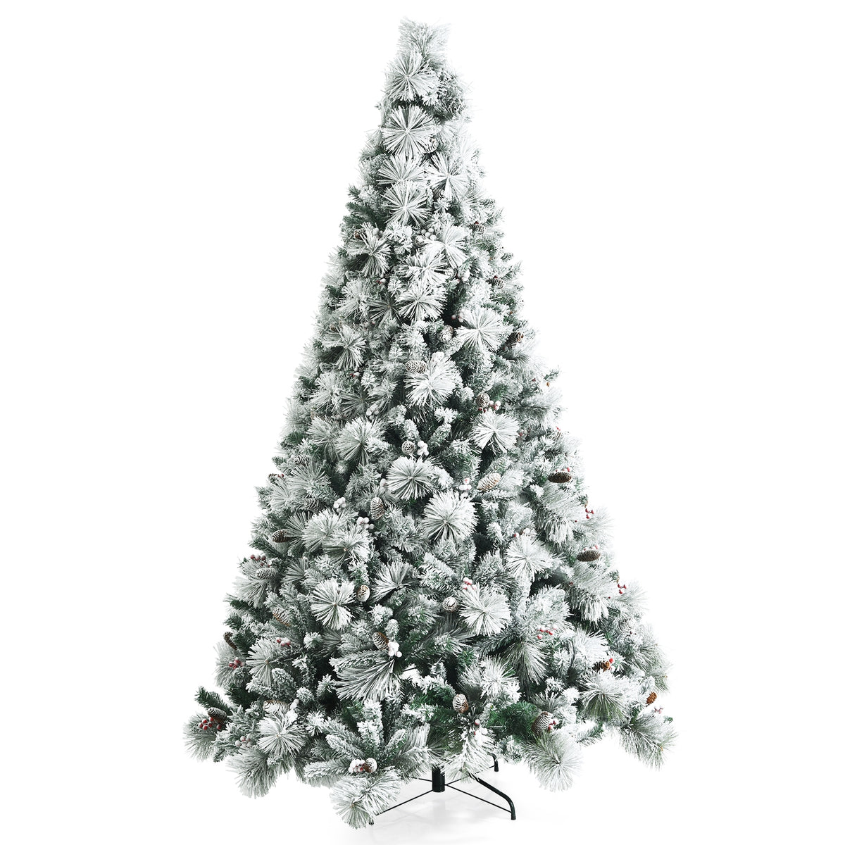 8 Feet Snow Flocked Artificial Christmas Tree with Pine Cones & Red Berries