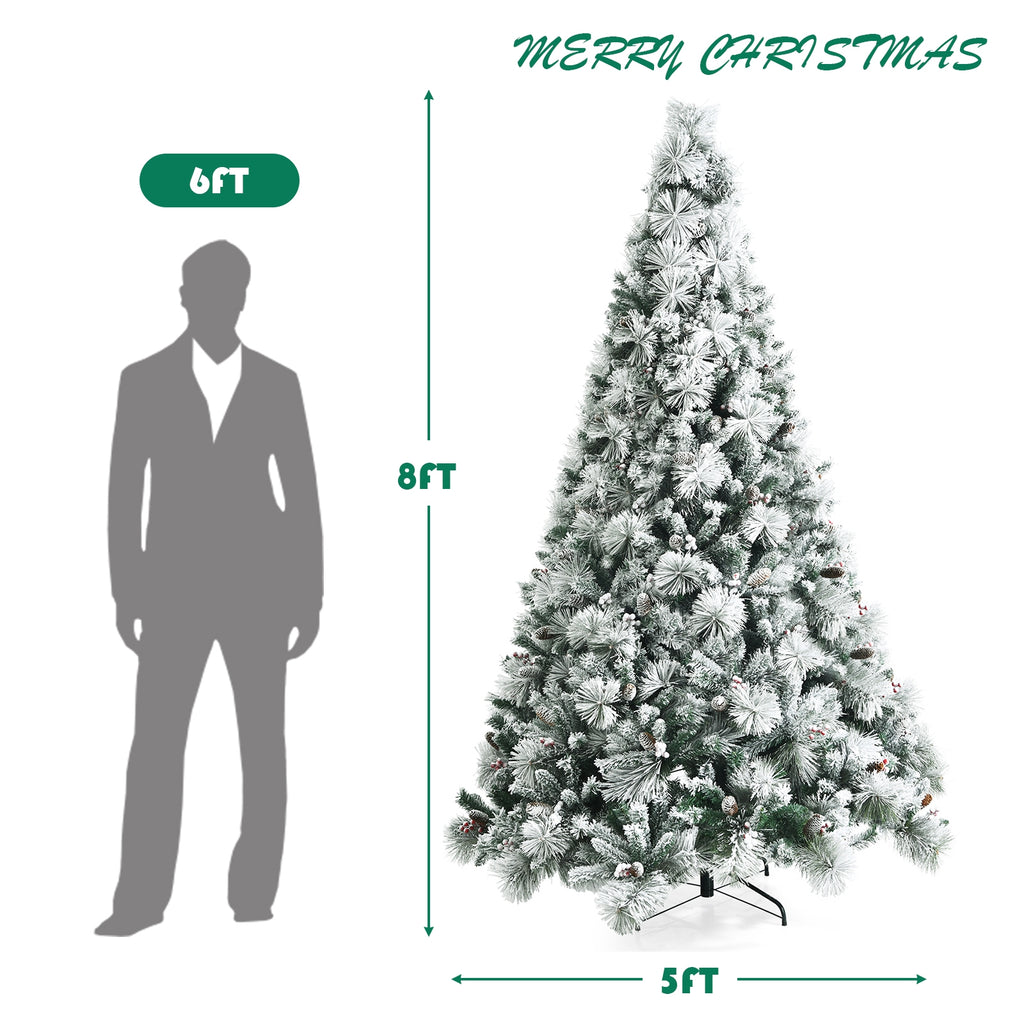 8 Feet Snow Flocked Artificial Christmas Tree with Pine Cones & Red Berries