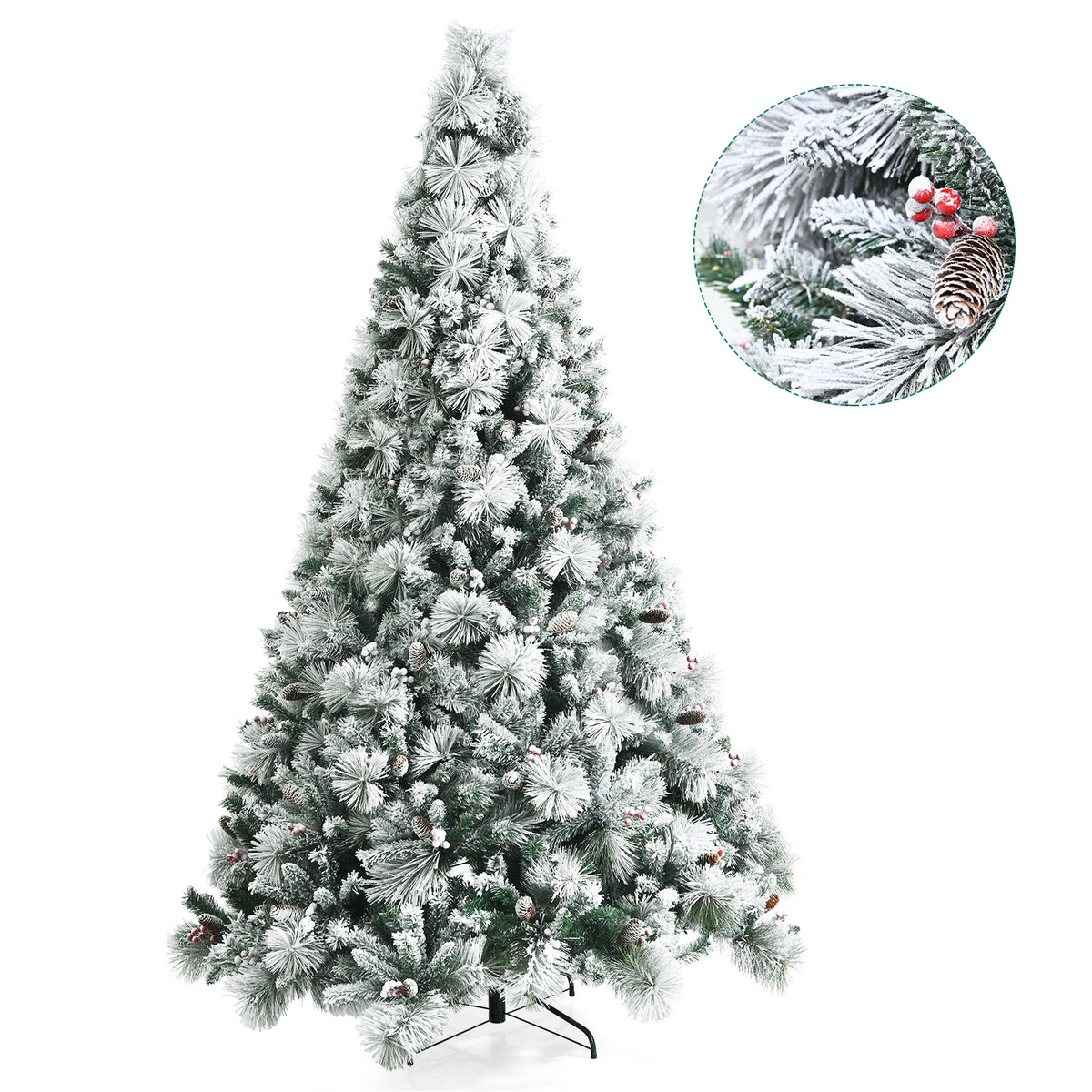 8 Feet Snow Flocked Artificial Christmas Tree with Pine Cones & Red Berries
