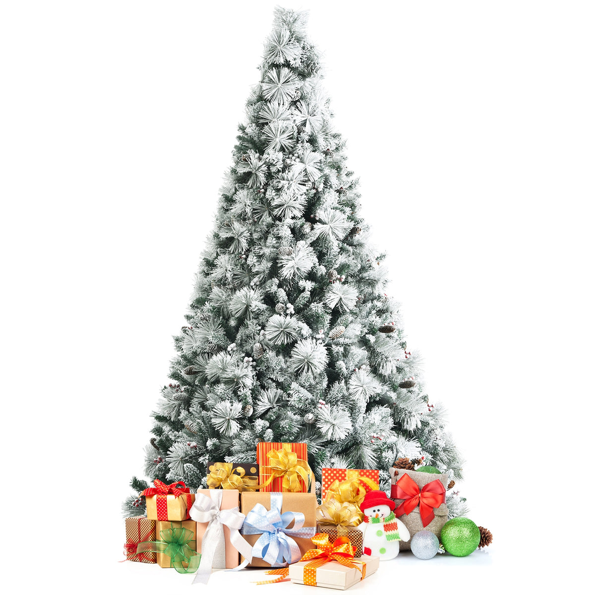 8 Feet Snow Flocked Artificial Christmas Tree with Pine Cones & Red Berries