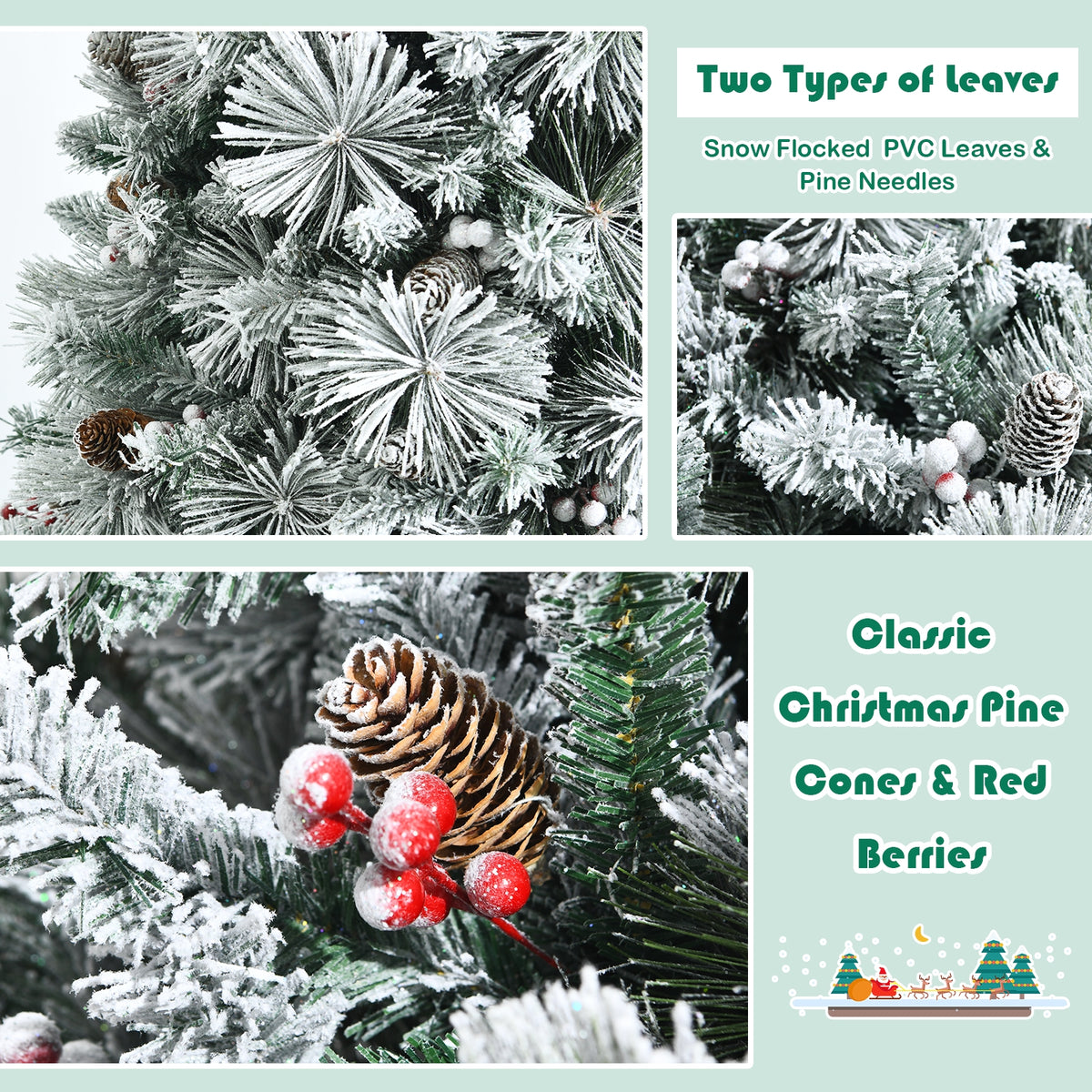 8 Feet Snow Flocked Artificial Christmas Tree with Pine Cones & Red Berries