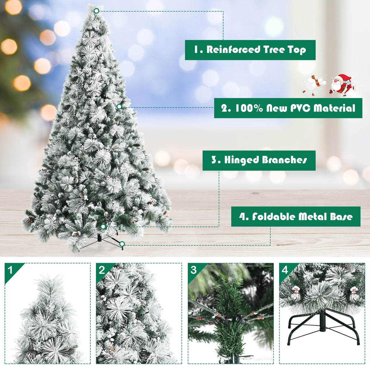 8 Feet Snow Flocked Artificial Christmas Tree with Pine Cones & Red Berries