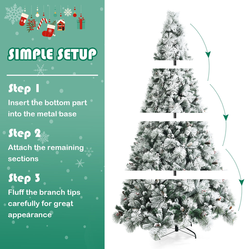 8 Feet Snow Flocked Artificial Christmas Tree with Pine Cones & Red Berries