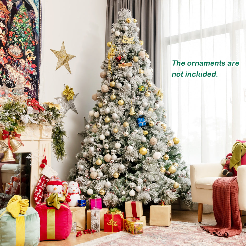 8 Feet Snow Flocked Artificial Christmas Tree with Pine Cones & Red Berries