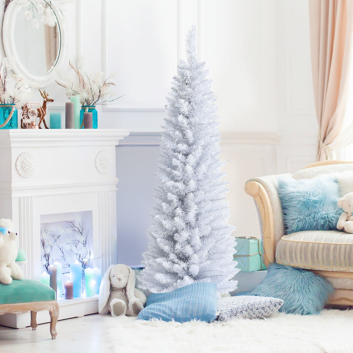 Artificial Christmas Pencil Tree - 6 Ft with Folding Metal Stand - White
