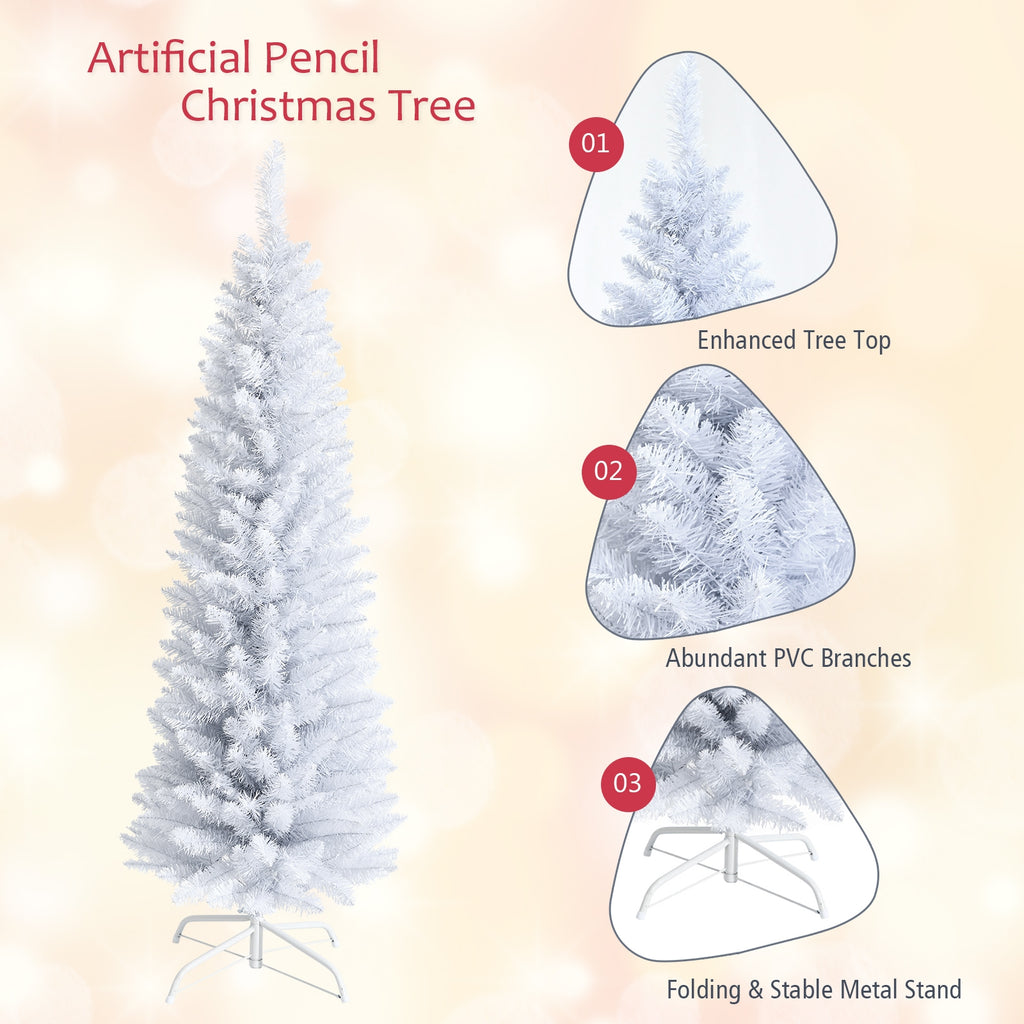 Artificial Christmas Pencil Tree - 6 Ft with Folding Metal Stand - White