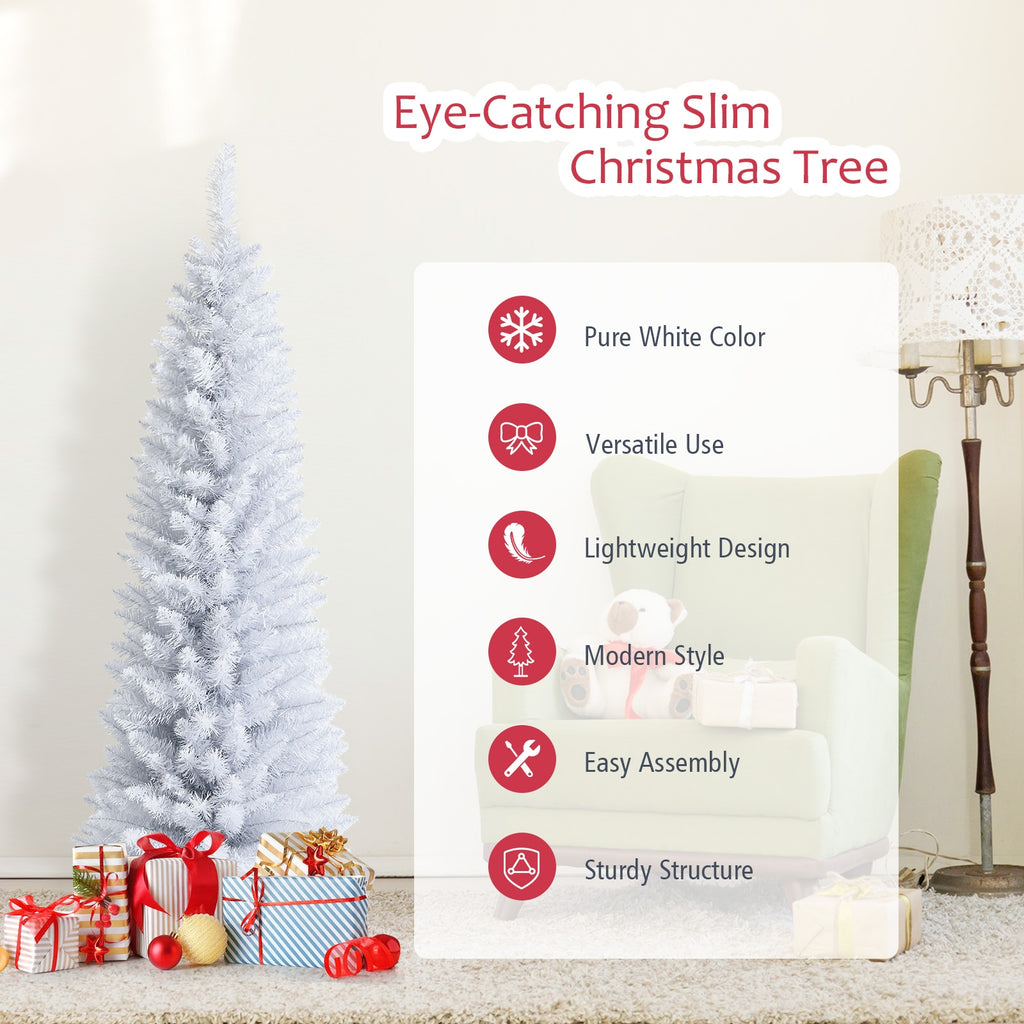 Artificial Christmas Pencil Tree - 6 Ft with Folding Metal Stand - White