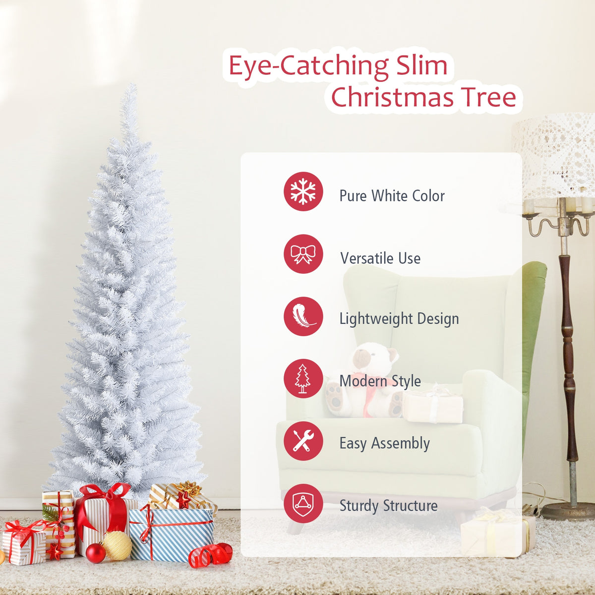 Artificial Christmas Pencil Tree - 6 Ft with Folding Metal Stand - White