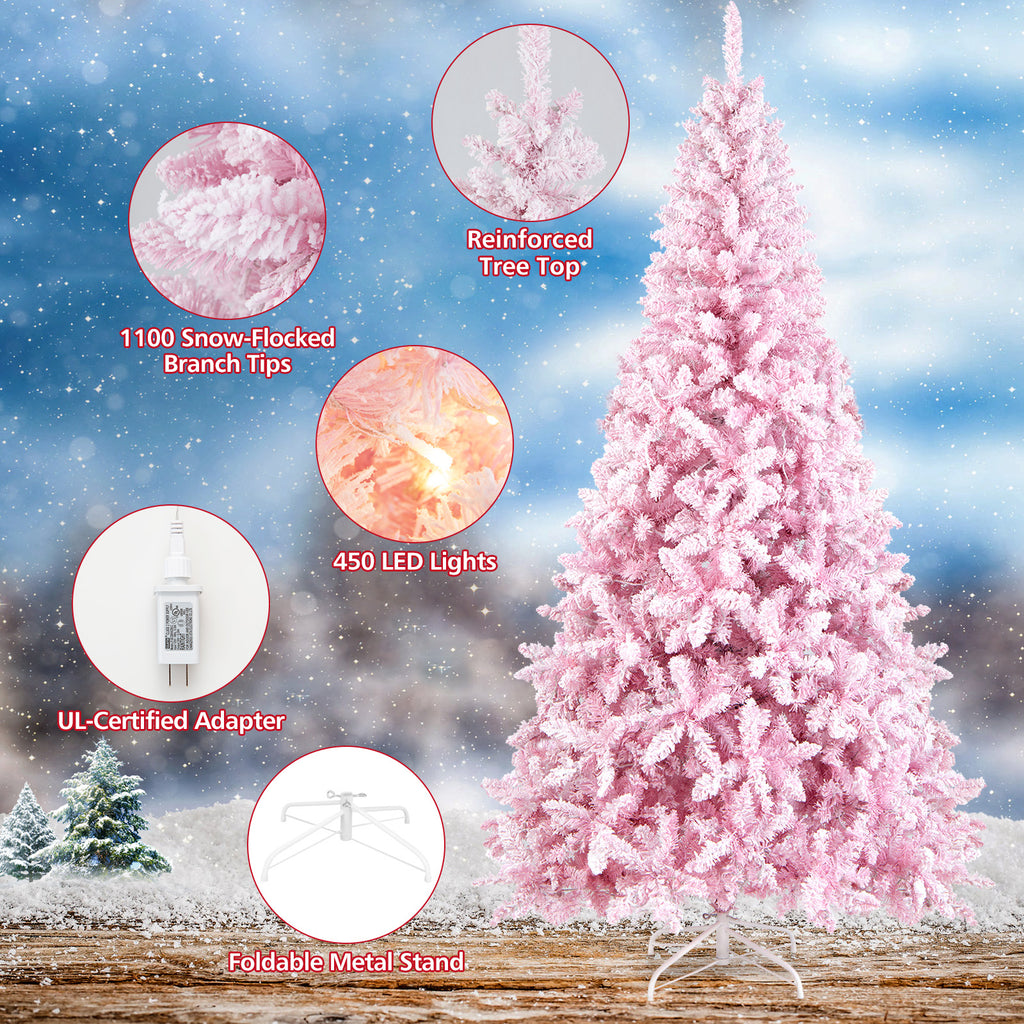 7.5 Feet Flocked Artificial Christmas Tree with LED Lights, 8 Modes