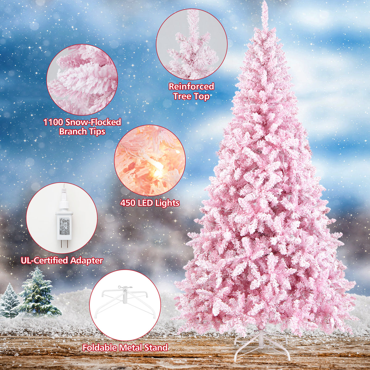 7.5 Feet Flocked Artificial Christmas Tree with LED Lights, 8 Modes