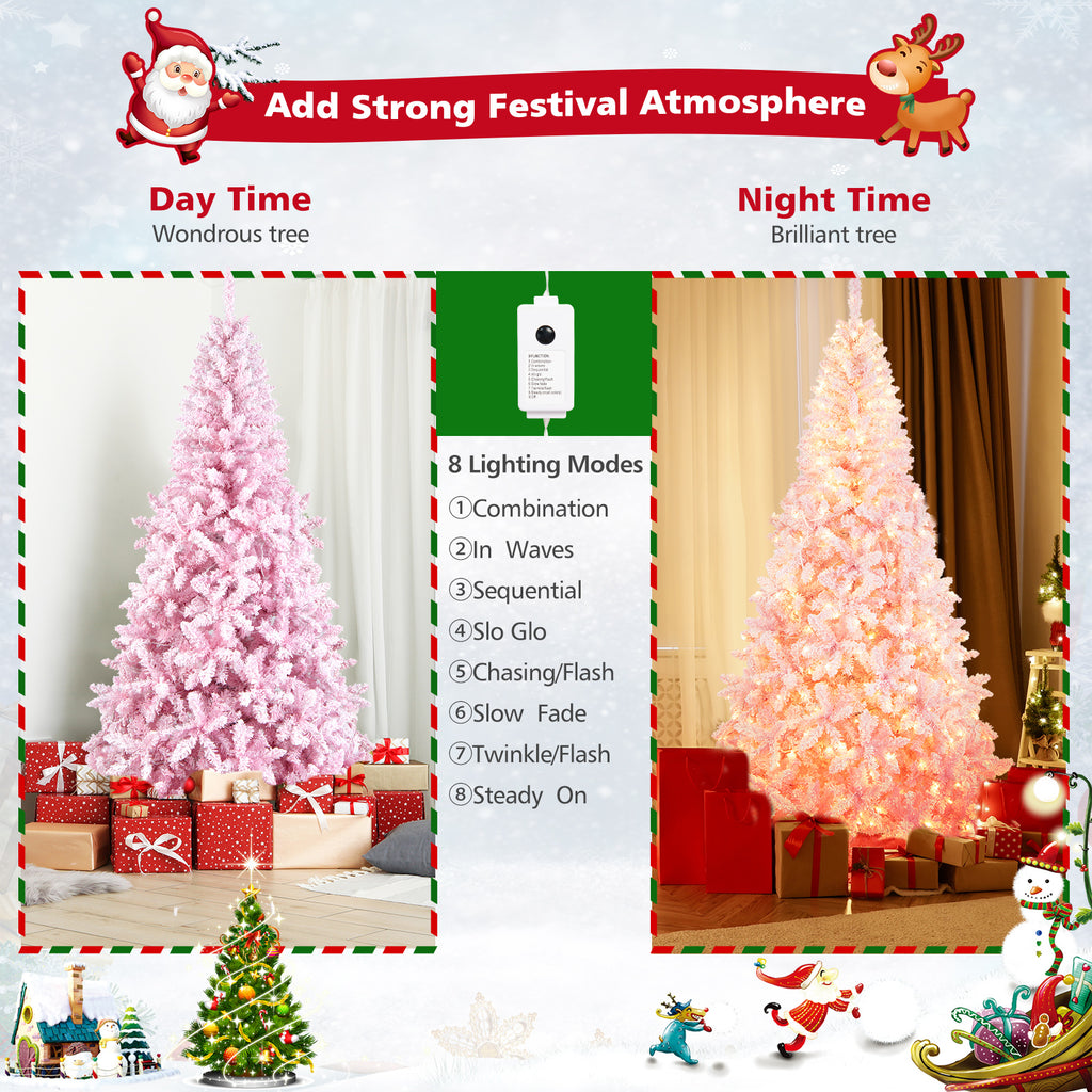 7.5 Feet Flocked Artificial Christmas Tree with LED Lights, 8 Modes