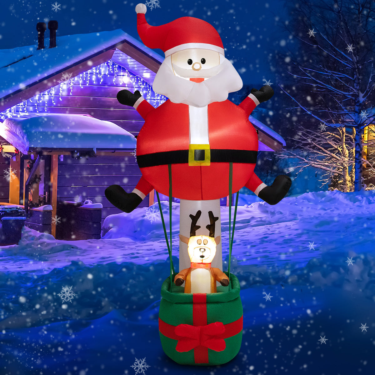 8 Feet Inflatable Santa Claus and Reindeer with Hot Air Balloon Variation - Christmas Yard Decor