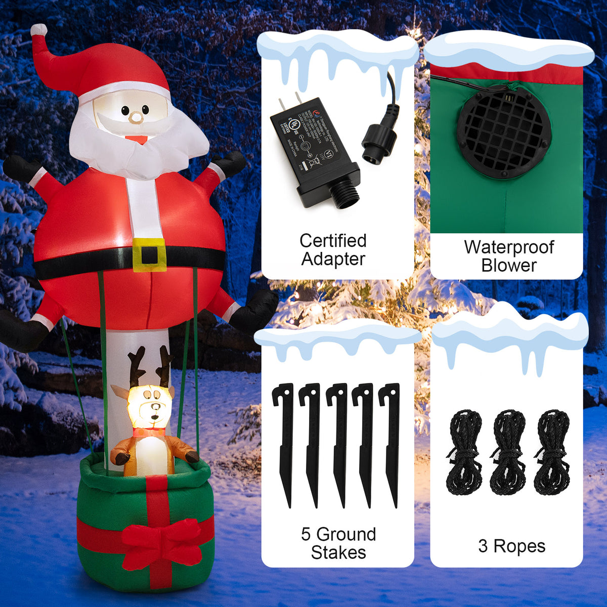 8 Feet Inflatable Santa Claus and Reindeer with Hot Air Balloon Variation - Christmas Yard Decor