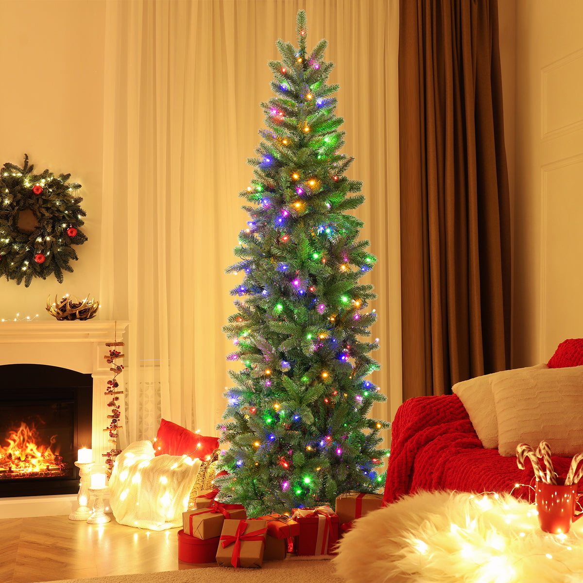 Pre-lit Artificial Christmas Tree 7.5ft with LED Lights, Lifelike Tips & Stable Metal Stand