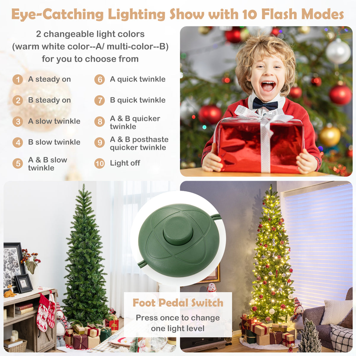Pre-lit Artificial Christmas Tree 7.5ft with LED Lights, Lifelike Tips & Stable Metal Stand