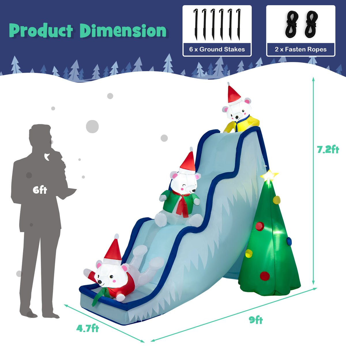 Inflatable Polar Bear Slide Scene Decoration with LED Lights - Outdoor Christmas Yard Decor