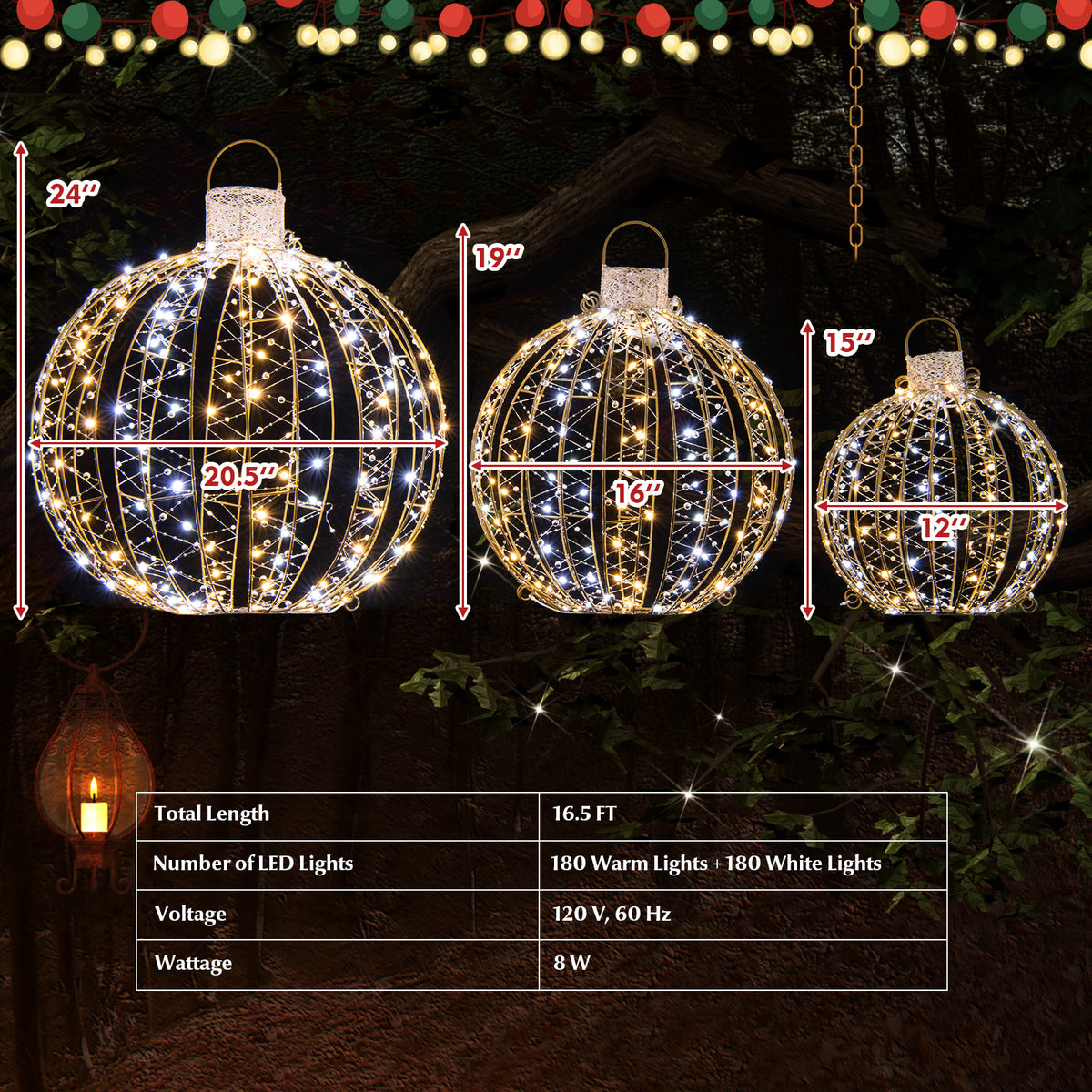 Golden 3 Pack Christmas LED Light Balls with Cable Ties & Stakes - 24+19+15 Inch