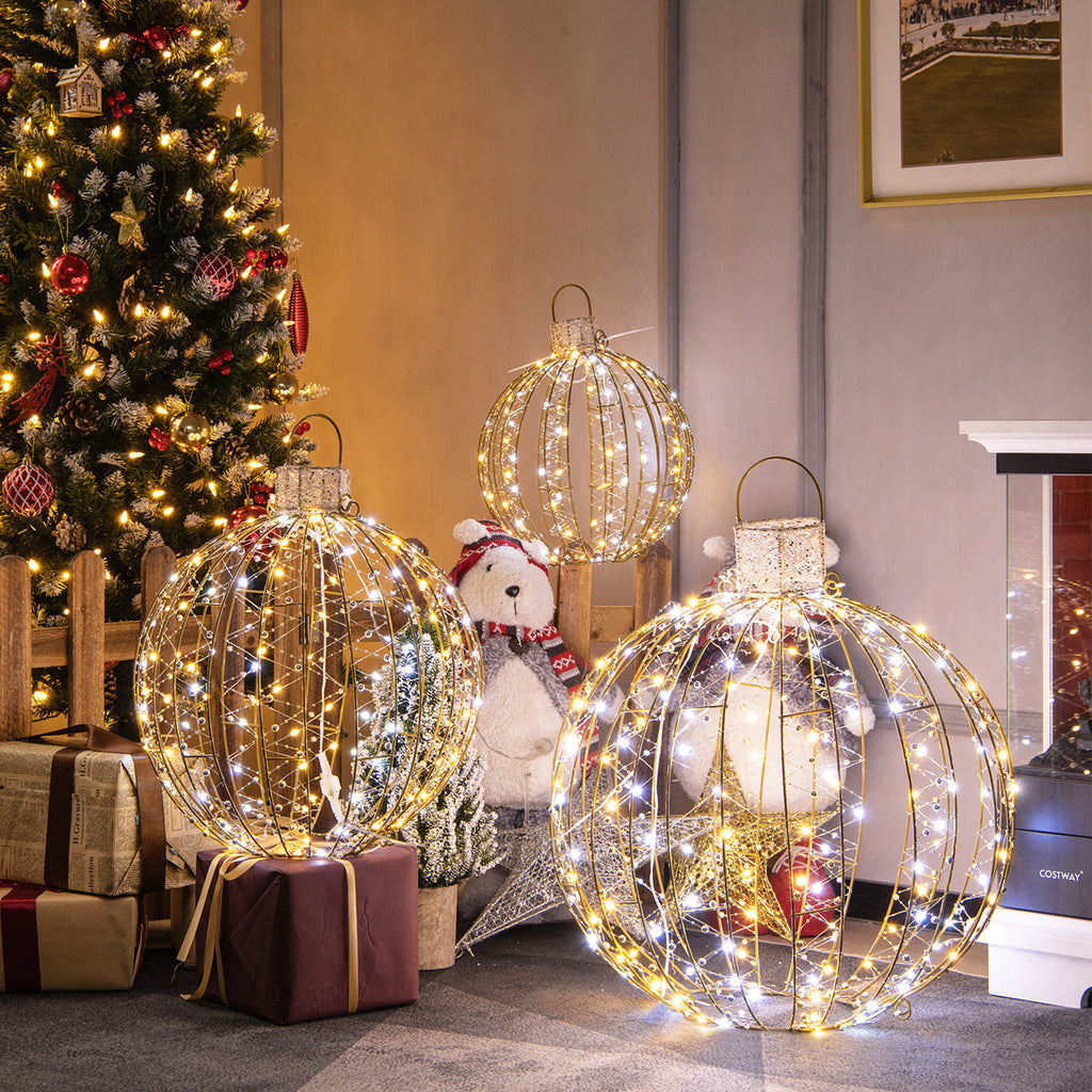 Golden 3 Pack Christmas LED Light Balls with Cable Ties & Stakes - 24+19+15 Inch