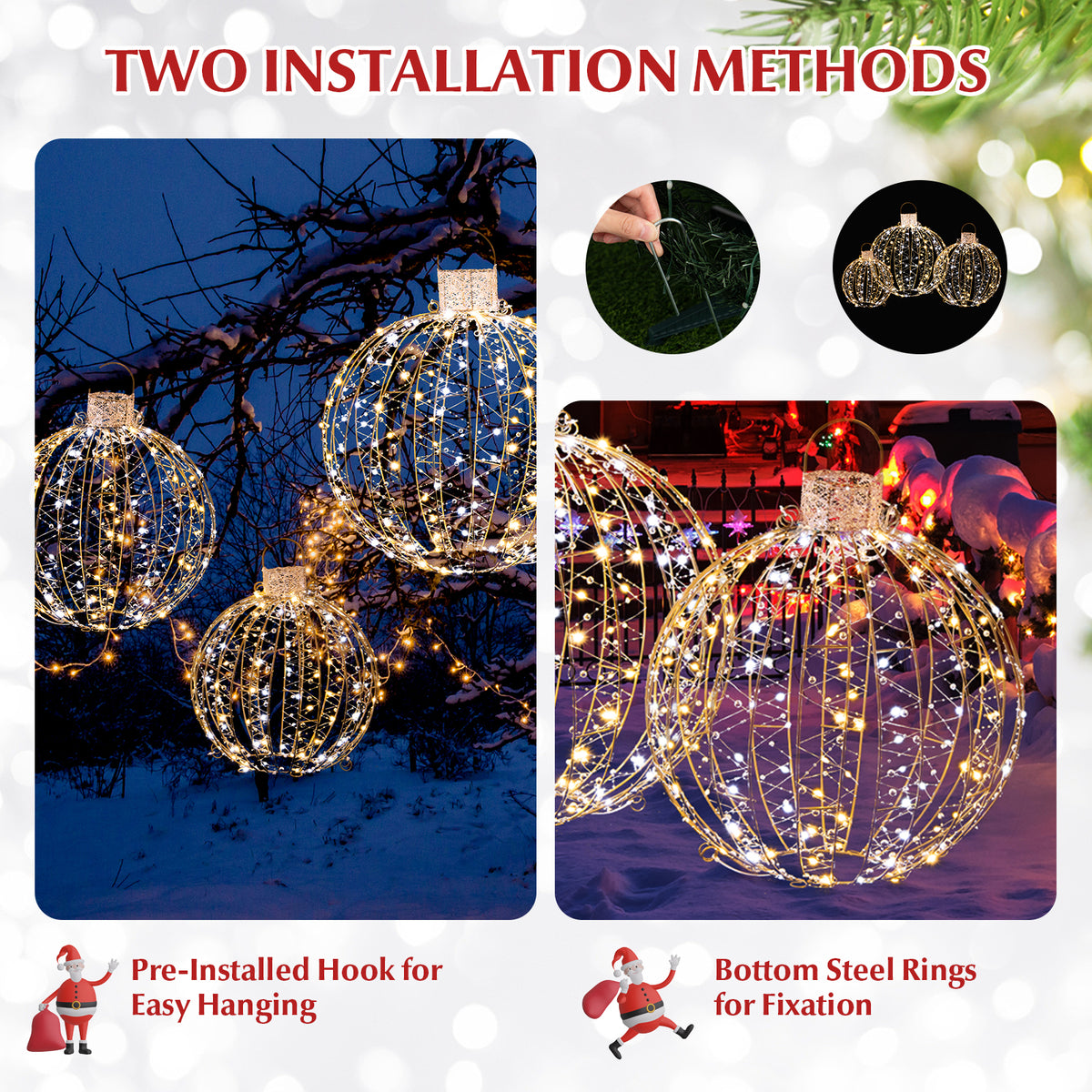Golden 3 Pack Christmas LED Light Balls with Cable Ties & Stakes - 24+19+15 Inch