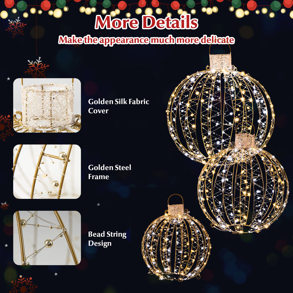 Golden 3 Pack Christmas LED Light Balls with Cable Ties & Stakes - 24+19+15 Inch