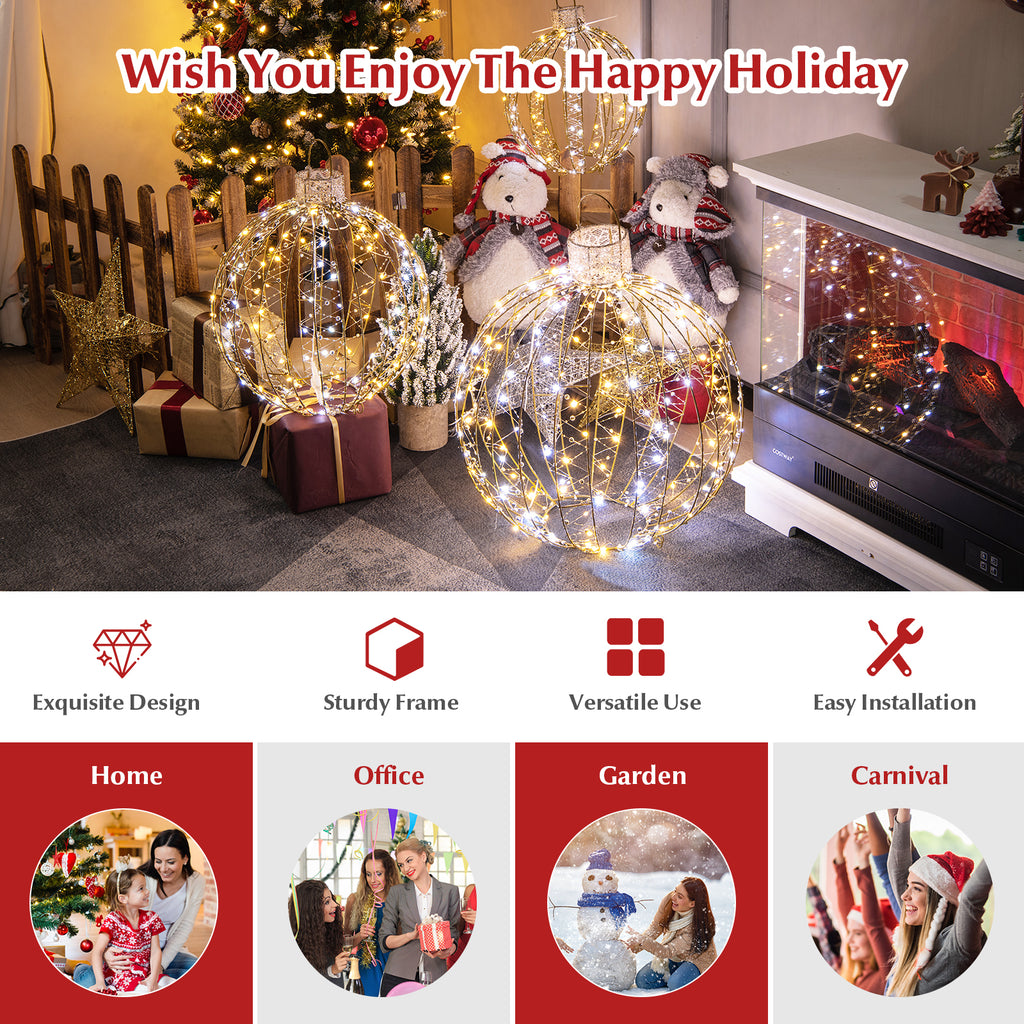 Golden 3 Pack Christmas LED Light Balls with Cable Ties & Stakes - 24+19+15 Inch