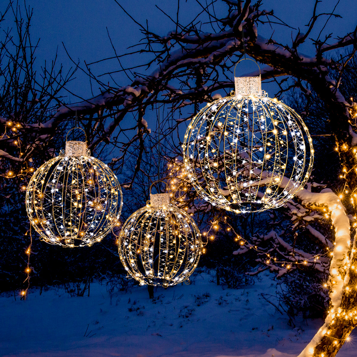Golden 3 Pack Christmas LED Light Balls with Cable Ties & Stakes - 24+19+15 Inch
