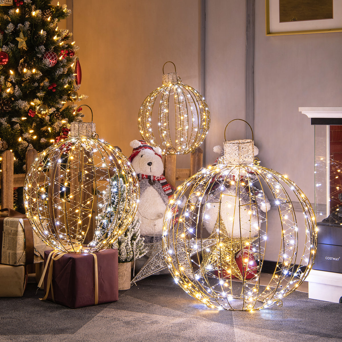 Golden 3 Pack Christmas LED Light Balls with Cable Ties & Stakes - 24+19+15 Inch