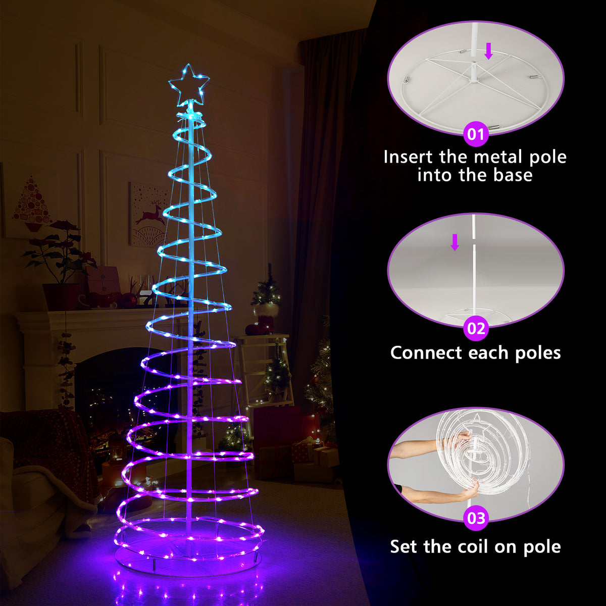 White Light Up Spiral Christmas Tree with Star Top - Outdoor Waterproof Decor
