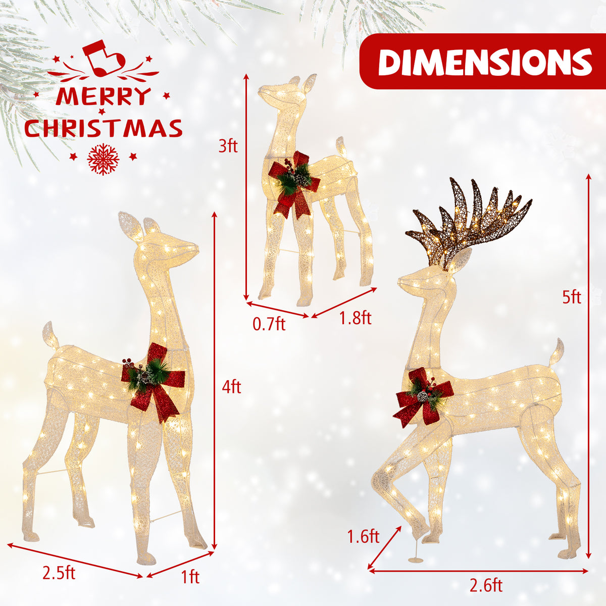 3-Piece Pre-lit Christmas Reindeer Family Decor with 230 Warm White LED Lights - Outdoor Indoor Holiday Ornament