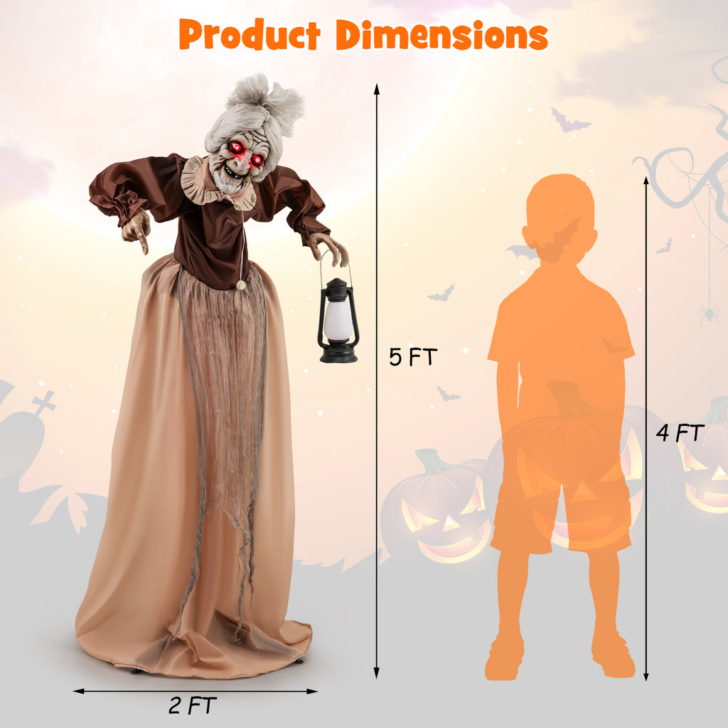 Life-Size Halloween Animatronic Old Lady Hag Prop with Lantern - Moving & Talking