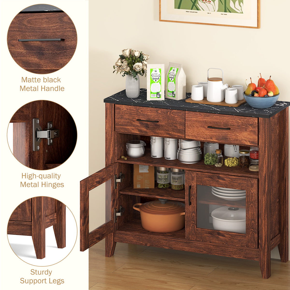 Coffee Bar Cabinet with Drawers & Shelves - Brown