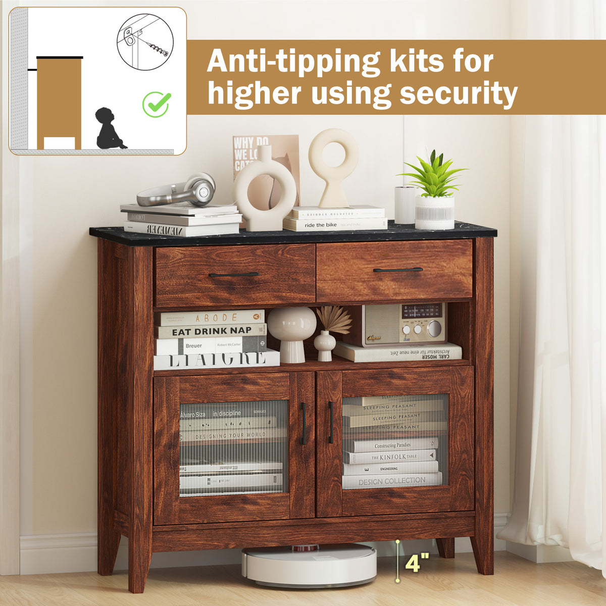 Coffee Bar Cabinet with Drawers & Shelves - Brown