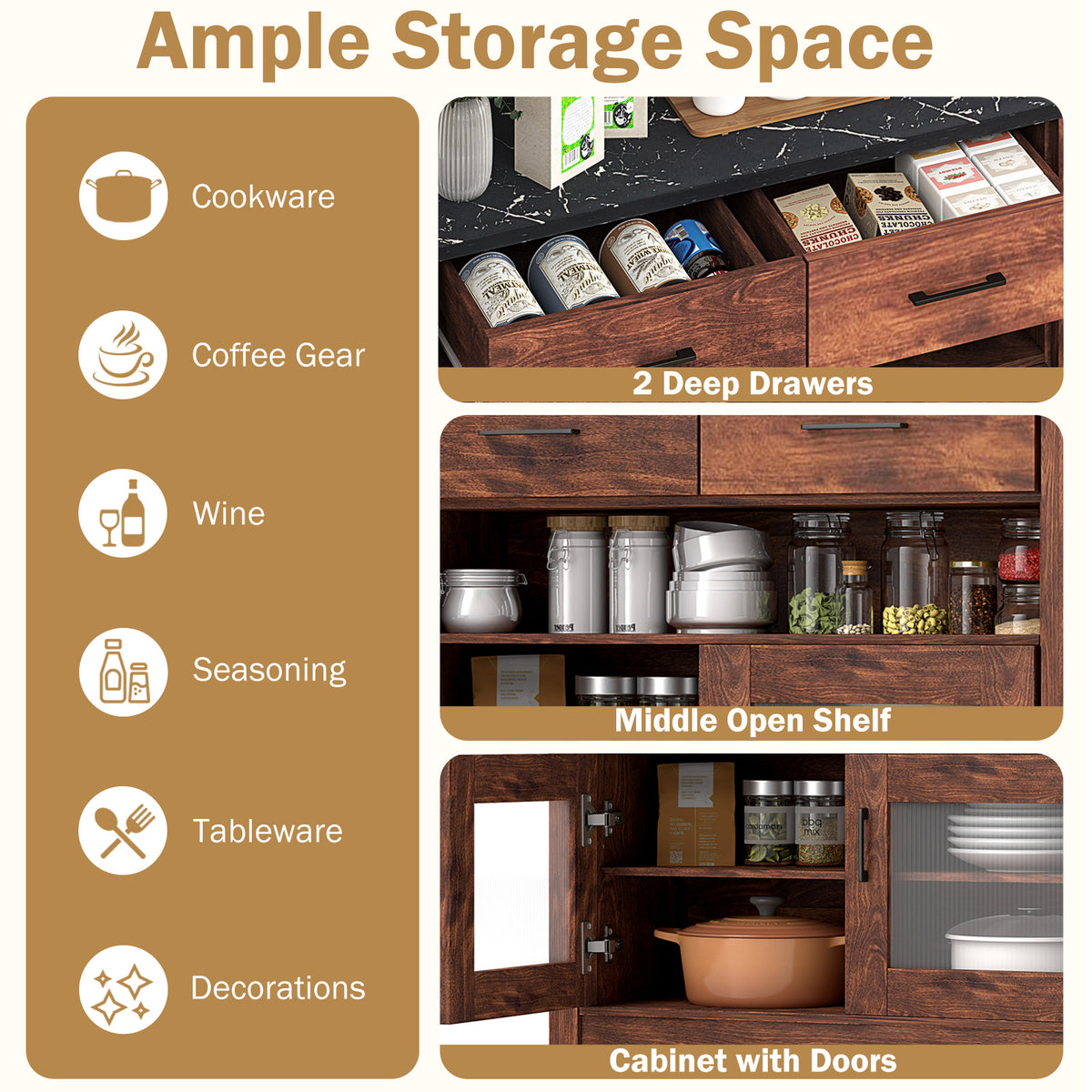 Coffee Bar Cabinet with Drawers & Shelves - Brown