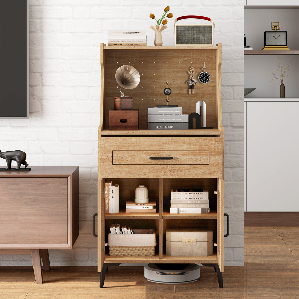 Coffee Bar Cabinet with Pegboard & Storage Drawer - Oak