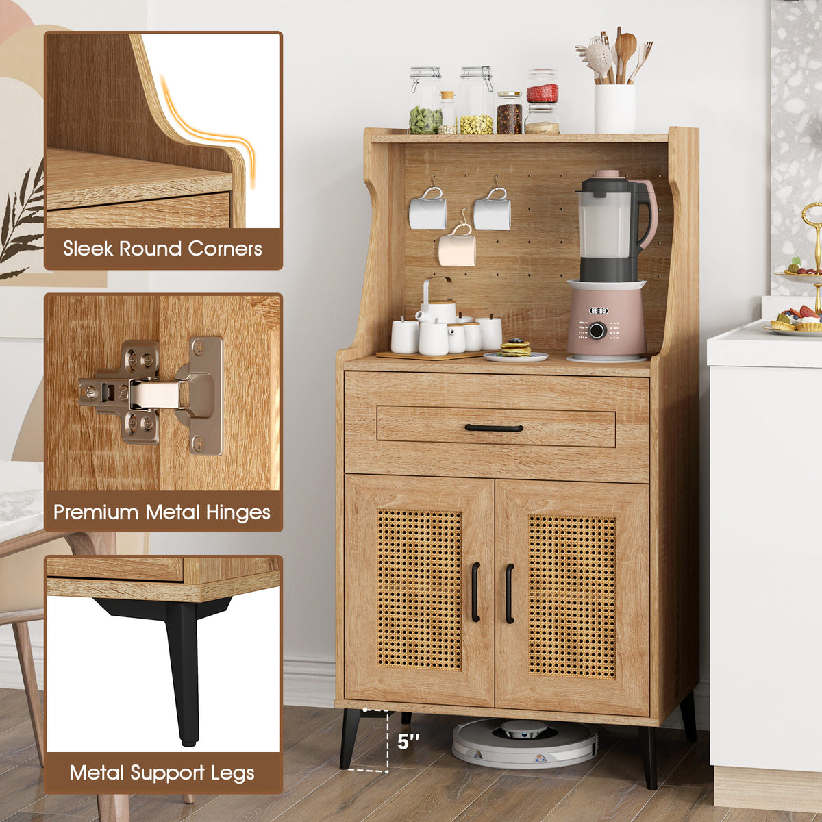 Coffee Bar Cabinet with Pegboard & Storage Drawer - Oak