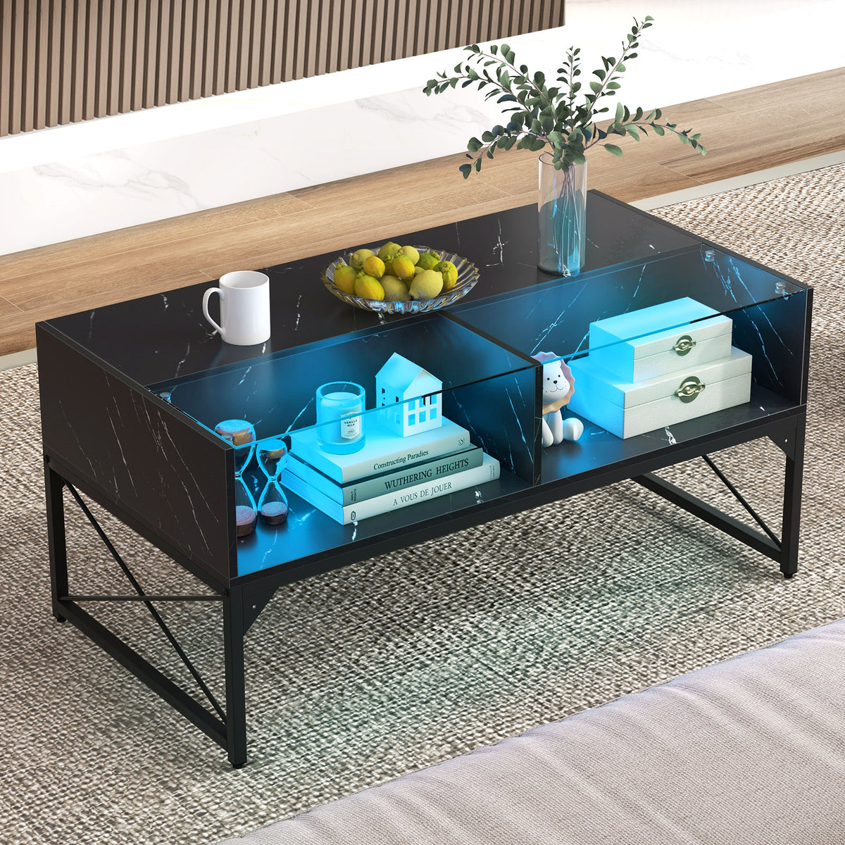 Center Table with Faux Marble Top and LED Lights - White